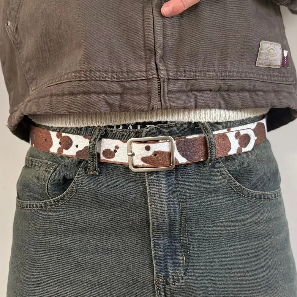 y2k western brown and white cow print cowboy boho belt